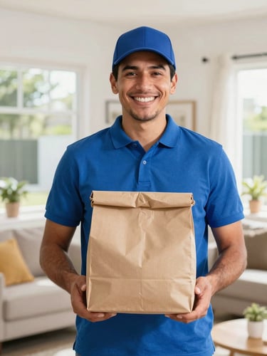Medium shot of a friendly Mexican delivery agent in a bright, modern home, smiling while holding a clean package, warm natural daylight streaming through windows, sharp focus, vibrant colors.