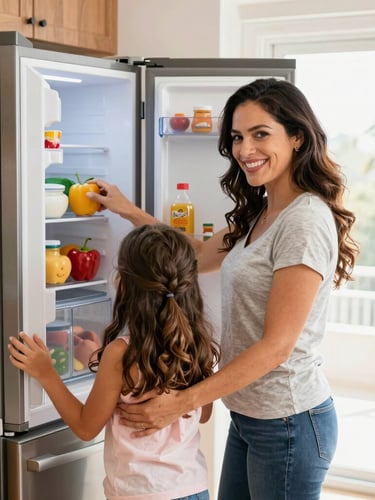Bright high-key commercial photography, a smiling Mexican mother and her daughter in a warm domestic kitchen with a new refrigerator, natural daylight streaming through a window, vibrant colors.