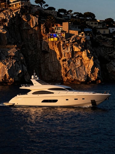 Sleek luxury motor yacht cruising near Palma de Mallorca cliffs at golden hour, deep blue sea, high-contrast warm sunset light hitting the hull, sophisticated editorial framing
