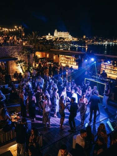 Atmospheric wide shot of an elite open-air club in Palma de Mallorca, dramatic nocturnal lighting with deep blue strobes and golden ambient glow, stylish people dancing in VIP area, high contrast, 35mm film