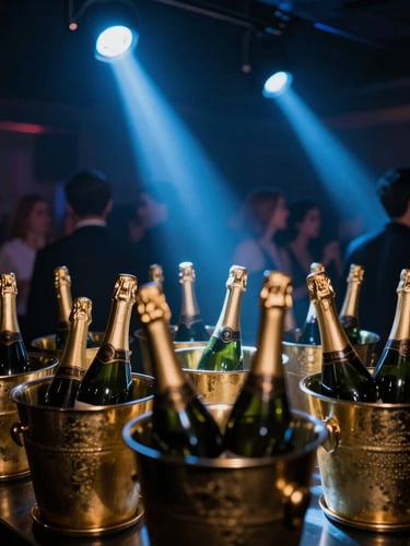 Low-key dramatic club interior, champagne bottles in gold buckets illuminated by electric blue spotlights, elegant crowd in background, high contrast, 35mm film