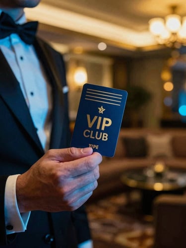 Close-up of a luxury concierge hand holding a VIP club pass, elegant evening suit, blurred background of a premium lounge with warm golden and electric blue lights, high contrast, 35mm film