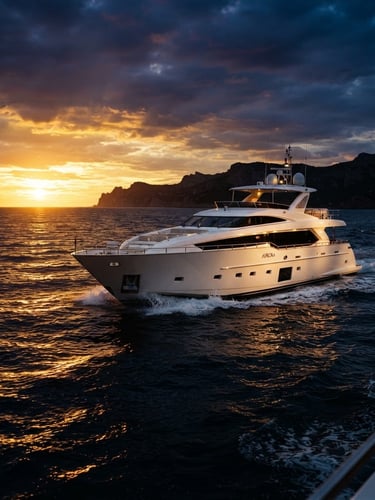 Sleek white luxury yacht cruising on the deep blue Mediterranean sea during golden hour, dramatic low-key lighting, gold sunset reflections on water, 35mm film