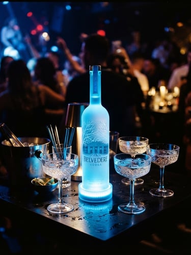 Immersive close-up of premium bottle service with glowing electric blue lights in an ultra-exclusive club VIP area, high contrast, 35mm film