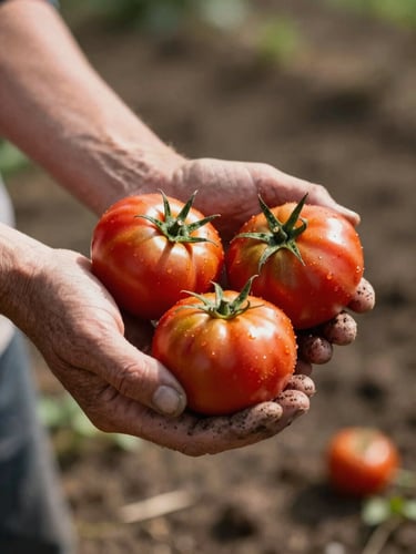 Close-up of weathered hands cradling a cluster of ripe tomatoes just harvested, warm north-facing daylight raking across the skin of the fruit and the soil still visible on the knuckles, left-edge composition with generous negative space to the right