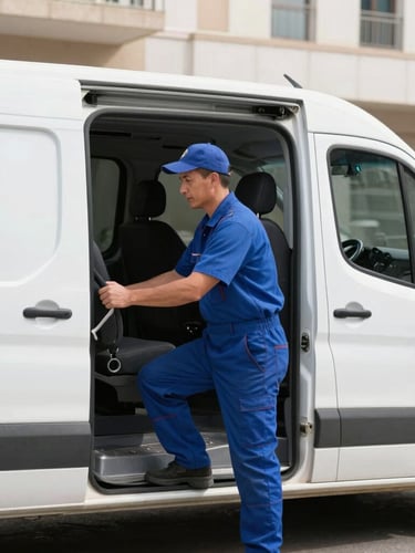 Crisp editorial photography, bright daylight, a professional plumber in blue uniform driving a clean service van through a modern Casablanca street, sharp focus