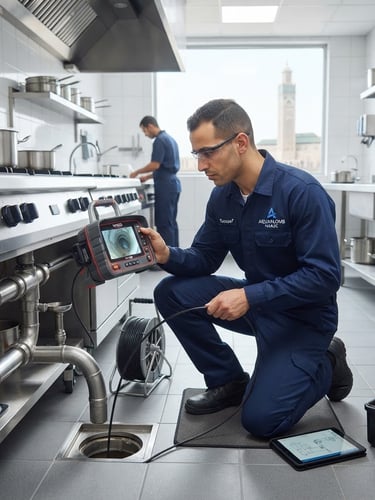 Professional uniformed plumber technician operating advanced diagnostic equipment in a clean, modern commercial kitchen in Casablanca, crisp editorial photography, bright natural daylight, clean blue and white tones, sharp focus, professional depth of field, wide shot