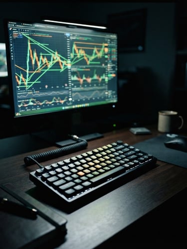 Low-key moody photography of a dark trading desk, screen glow reflecting on a clean mechanical keyboard, neon green technical indicators on a monitor, 35mm lens