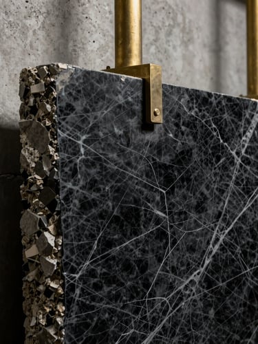 Close-up of premium raw materials, highly veined black marble slab resting against textured concrete, brushed brass structural rods, dramatic side-lighting.