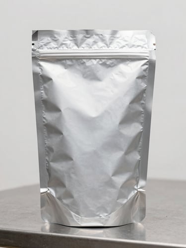 Close-up of a heat-sealed matte barrier foil mylar bag standing upright on a steel industrial surface, bright high-contrast studio lighting, neutral background, 50mm