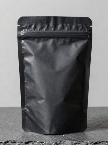 Sharp studio product photography of a custom-printed matte black mylar stand-up pouch standing upright on a neutral slate-gray background, bright clean daylight, high detail, 50mm