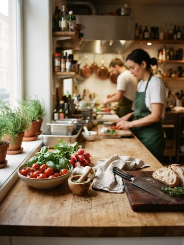 Cozy Scandinavian restaurant kitchen with soft daylight illuminating fresh ingredients on a wooden counter, 35mm photography