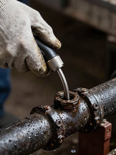 Extreme close-up of a plumber's gloved hands feeding a drain snake into a cast-iron pipe junction under harsh work-light, water residue visible on the pipe surface, dark utilitarian setting