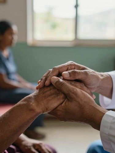 Close-up of a healthcare worker's hand reassuringly holding an expectant mother's hand in a local community center, soft natural window light.