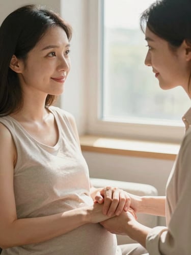 A warm, close-up portrait of an expectant mother sitting by a sunlit window, a supportive female advocate gently holding her hand, soft natural lighting, compassionate atmosphere.