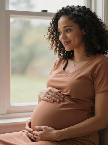 A warm, natural light portrait of a diverse expectant mother in Indiana sitting by a window, soft focus, holding her belly gently, terracotta tones.