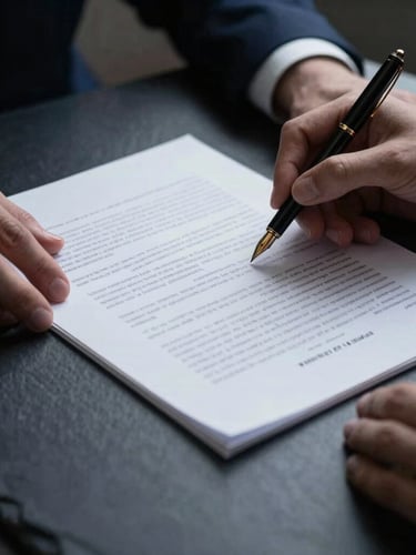 Close-up of hands reviewing legal documents on a dark slate table, elegant fountain pen, dramatic side-lighting with high contrast, cool tones.