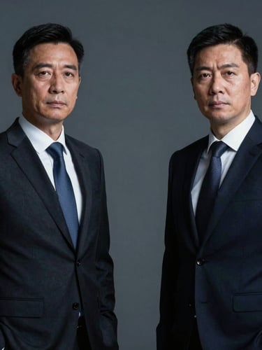 Symmetrical composition of two professional executive attorneys standing side-by-side in dark tailored suits, looking serious and resolute, dramatic side-lighting, cool slate background