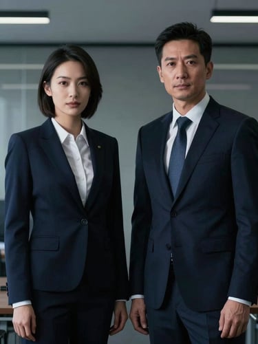 Dramatic environmental portrait of two corporate lawyers, a man and a woman in dark tailored suits, standing in a sleek modern office, low-key side lighting, deep navy tones, sharp focus, 35mm