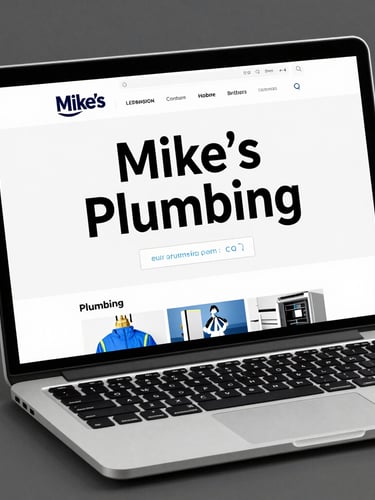 High-fidelity modern laptop mockup displaying a clean blue and white contractor website on a desk, bright daylight, sharp focus