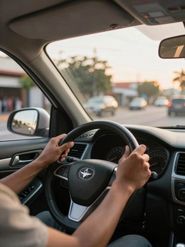 Environmental wide shot from inside a car cabin, driver's hands gripping the steering wheel in the foreground, a Latin American city street visible through the windshield in afternoon golden-hour light — warm natural daylight, no artificial fill, dashboard slightly out of focus