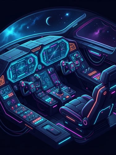 Sleek 3D vector illustration of an aircraft cockpit with glowing neon flight displays, dark mode aesthetic, isometric perspective, high-tech digital glow