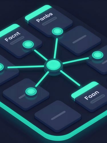 Sleek 3D vector illustration of a digital interface showing flight connection routes and interactive quiz cards, glowing neon cyan accents, dark mode
