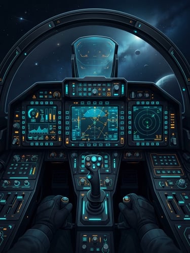 Sleek 3D vector illustration of an futuristic aircraft cockpit dashboard with glowing cyan and amber screens, dark mode aesthetic