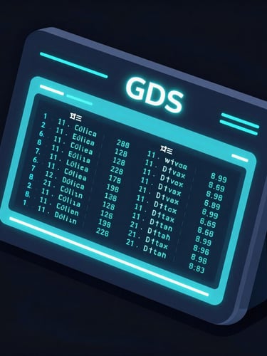 Sleek 3D vector illustration of an interactive GDS terminal screen showing monospaced flight reservation codes, neon cyan syntax highlighting, glowing interface lines