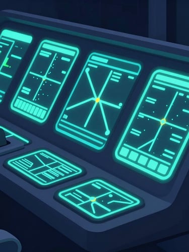 A close-up 3D vector illustration of a futuristic flight deck console, glowing neon cyan screens displaying flight routes, dark mode aesthetic