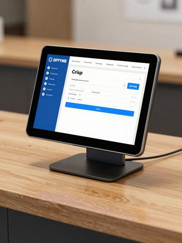 Crisp front-facing POS terminal mockup on a bright wooden counter, displaying the DFPYME sales interface with clean layout and blue accents.