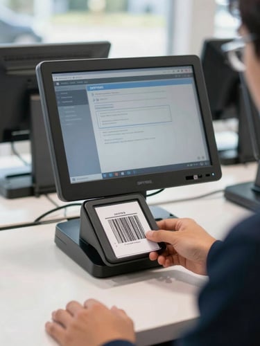 Crisp over-the-shoulder shot of a hand scanning a product barcode at a modern retail counter, bright natural daylight, POS terminal screen visible with clean DFPYME interface.