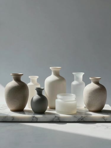 Full environmental shot of a premium skincare product line arranged on a slab of pale marble, six vessels in matte ceramic and frosted glass, shot at extreme wide angle under cool studio daylight, vast negative space above