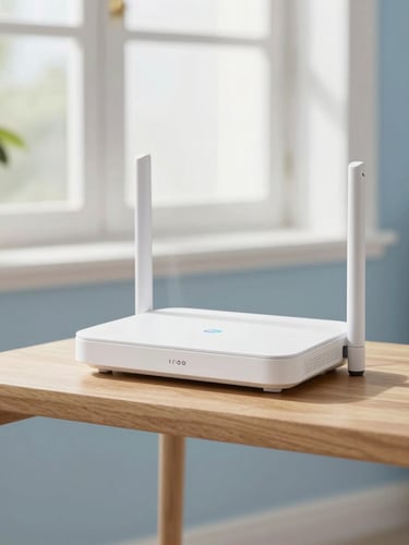 A clean, modern home router sitting on a wooden shelf in a bright British living room, soft morning daylight filtering through a window, professional photography