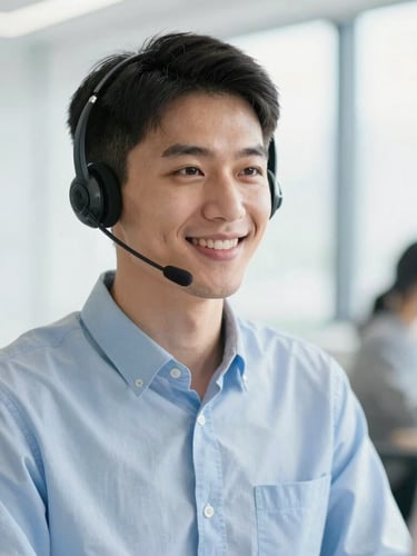 A friendly professional UK customer advisor with a headset, smiling in a bright modern office with soft daylight, shallow depth of field