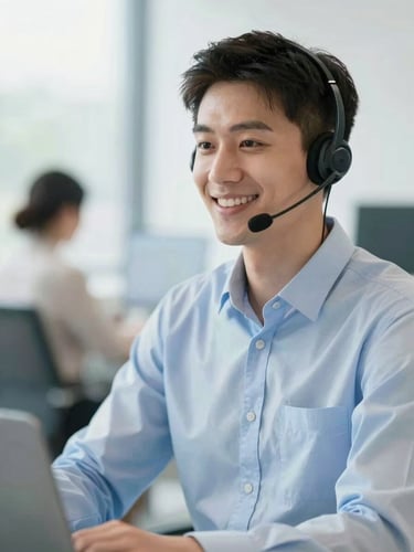 A friendly professional UK customer advisor with a headset, smiling in a bright modern workspace, soft natural daylight, shallow depth of field