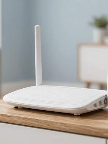 A modern sleek white broadband router sitting on a wooden shelf in a bright British living room, soft daylight, shallow depth of field