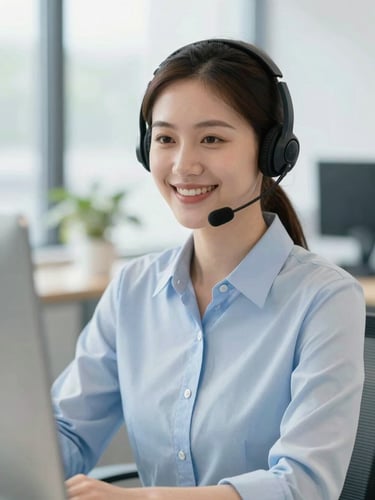 A friendly UK customer advisor with a headset, smiling in a bright, modern office with soft daylight and blue accents
