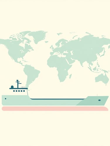 Flat vector illustration of a stylized cargo vessel and global map in soft pastel cream, mint green, and blush pink, minimalist clean lines, bright negative space