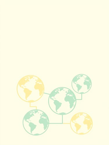 Minimalist flat vector illustration of interconnected pastel globes and clean line-art supply routes, soft cream yellow and mint green tones, generous negative space.