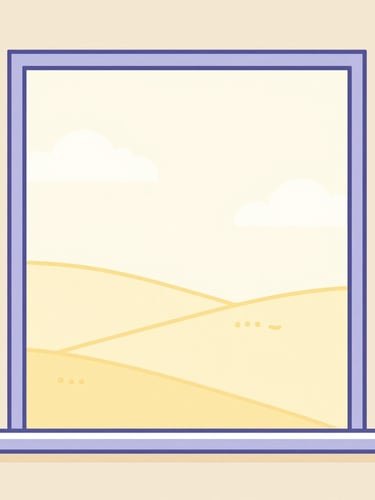 Minimalist vector line art of a modern office window overlooking a soft pastel Iowa landscape, cream yellow and lavender tones, clean airy composition