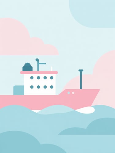 Flat vector illustration of a stylized cargo ship navigating abstract pastel waves, soft pink and sky blue geometric shapes, clean minimalist line art, bright and airy background