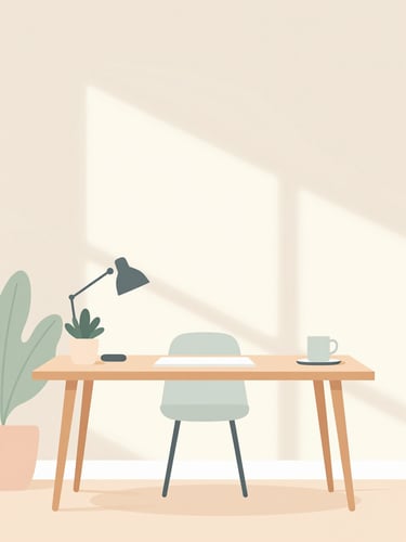 Soft high-key natural light illuminating a minimalist modern workspace in Johnston, Iowa, with clean pastel geometric shapes on a wooden desk, airy atmosphere.