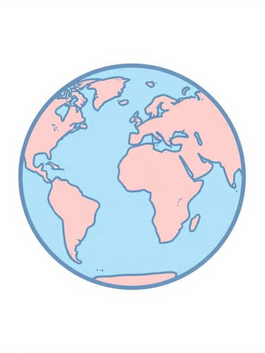 Minimalist flat vector illustration of a globe with soft pastel lines, sky blue and blush pink geometric shapes, bright and airy background