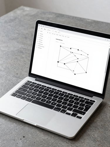 Overhead studio shot of a sleek laptop on a minimalist dark concrete desk, screen displaying a clean, modern wireframe layout with connecting node lines, bright neutral daylight, sharp focus.