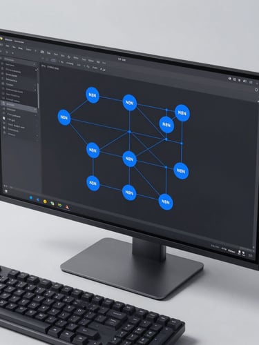 Overhead clean studio shot of a high-resolution display showing an active n8n workflow canvas with connected nodes, crisp blue vector lines on a dark interface, modern mechanical keyboard in the foreground.