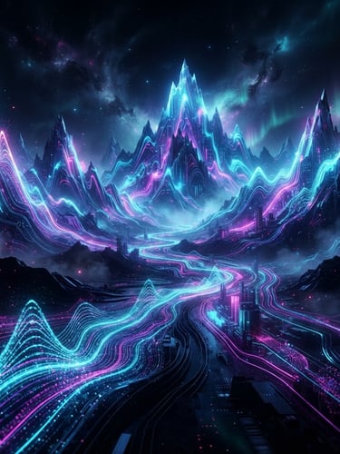 Abstract generative landscape of soundwaves morphing into surreal neon mountains, high-contrast digital luminescence, deep shadows, ultra-detailed synthetic textures, octane render