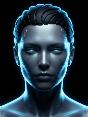 Surreal digital portrait with flawless but uncanny synthetic textures, high-contrast electric blue neon backlighting, dramatic chiaroscuro, centered macro shot, octane render