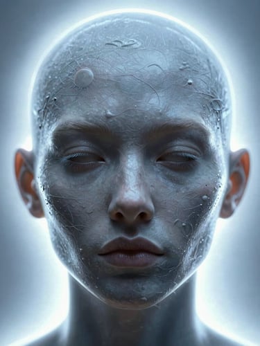 Surreal digital portrait with flawless but uncanny textures, high-contrast digital luminescence, neon backlighting, dramatic chiaroscuro, octane render