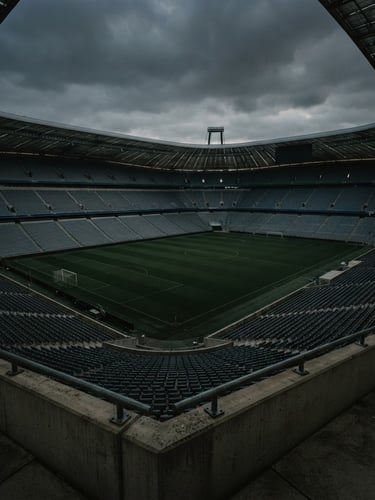 Cinematic wide shot of an empty stadium at dusk under overcast skies, deep shadows, moody editorial photography, 35mm film grain